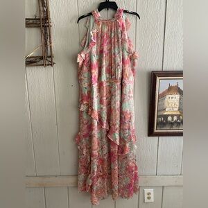 NWT Alex Marie Pink Teal Multicolor Fiona Halter Tropical Maxi Lined Dress 18W